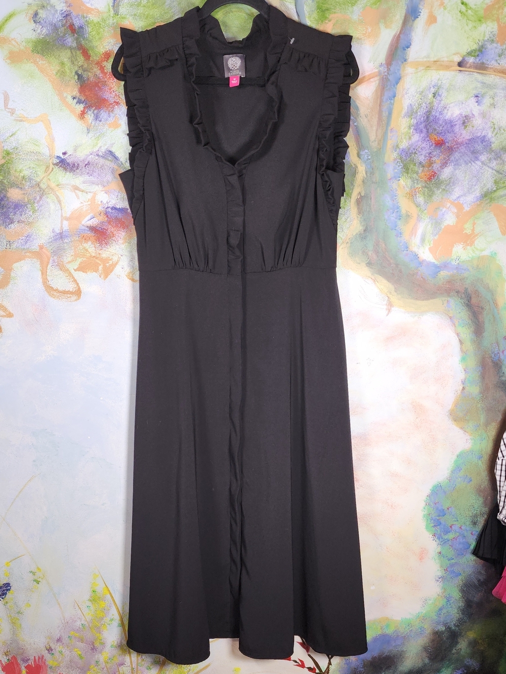 Vince Camuto Black Sleeveless Ruffle-Trim Midi Dress